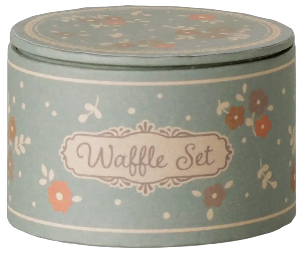 Set gaufres, boîte ronde bleue à motif floral pastel