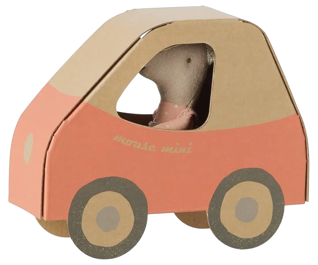 MAILEG voiture en carton pour poupées, accessoire rose et kraft, modèle conducteur/petite sœur