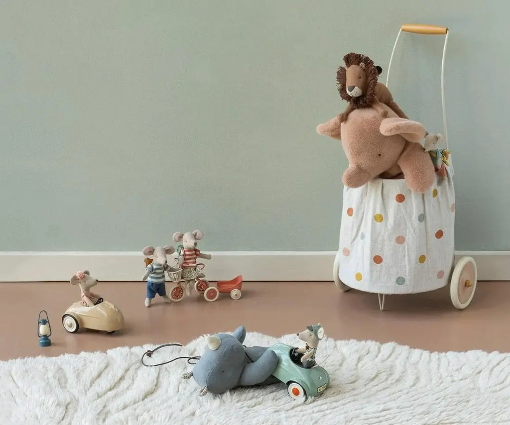 Maileg conducteur / petit frère doll by Citron Grenadine; pink plush figure in polka-dot stroller with toy mice