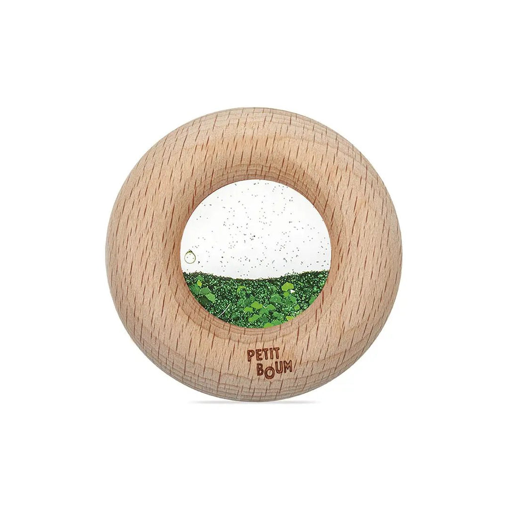 Petit Boum wooden donut sensory teething toy in green with glitter window