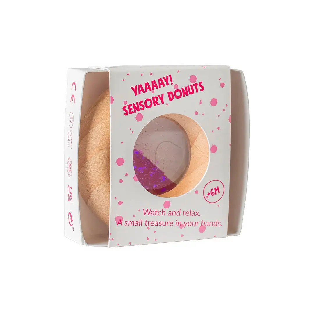 Petit Boum donut sensoriel pink in white packaging with pink confetti design