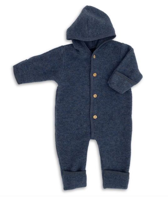 Citron Grenadine combi pilote bleu chiné pour bébé, combinaison en molleton avec capuche et boutons en bois