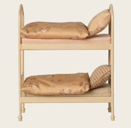 Maileg bunk bed for dolls in wheat-colored wood, two tiers with beige floral bedding, Citron Grenadine