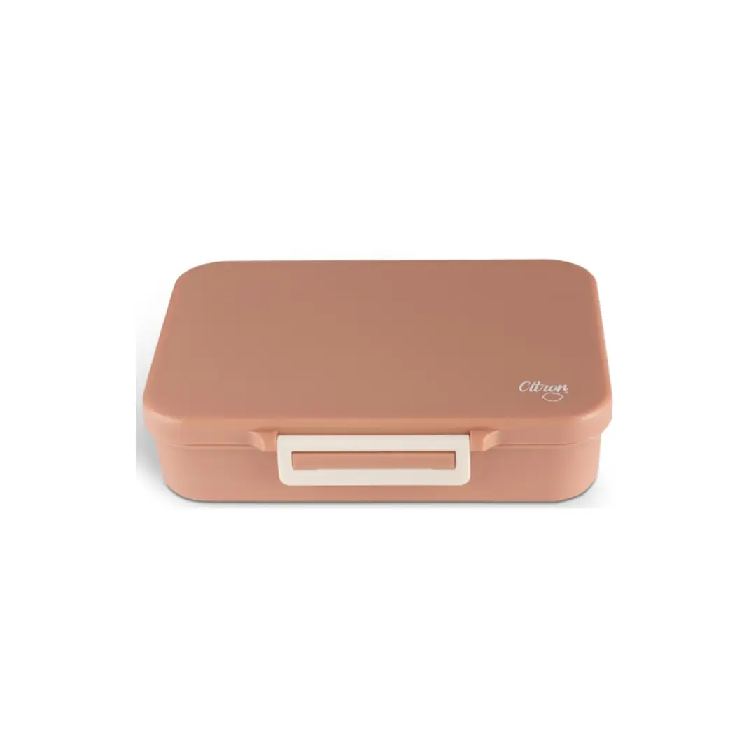 Citron Grenadine lunch box, blush pink rectangular lunch container with white latch.