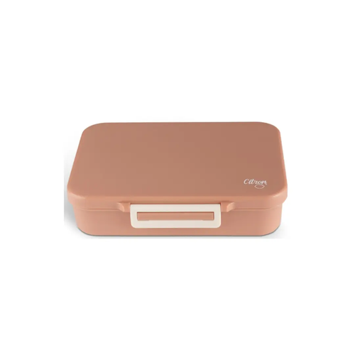 Citron Grenadine lunch box, blush pink rectangular lunch container with white latch.