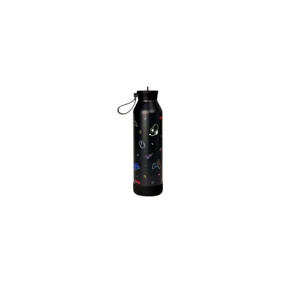 Citron Grenadine gaming water bottle, 750 ml, black with colorful gaming decals and loop strap.