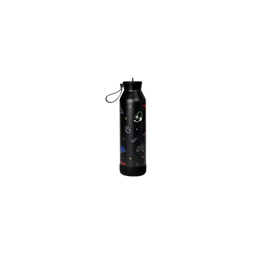Citron Grenadine gaming water bottle, 750 ml, black with colorful gaming decals and loop strap.