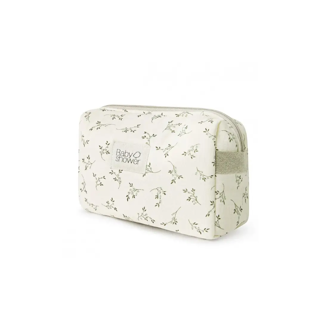 Toiletry bag Camila olive bloom print with Baby shower label by Citron Grenadine