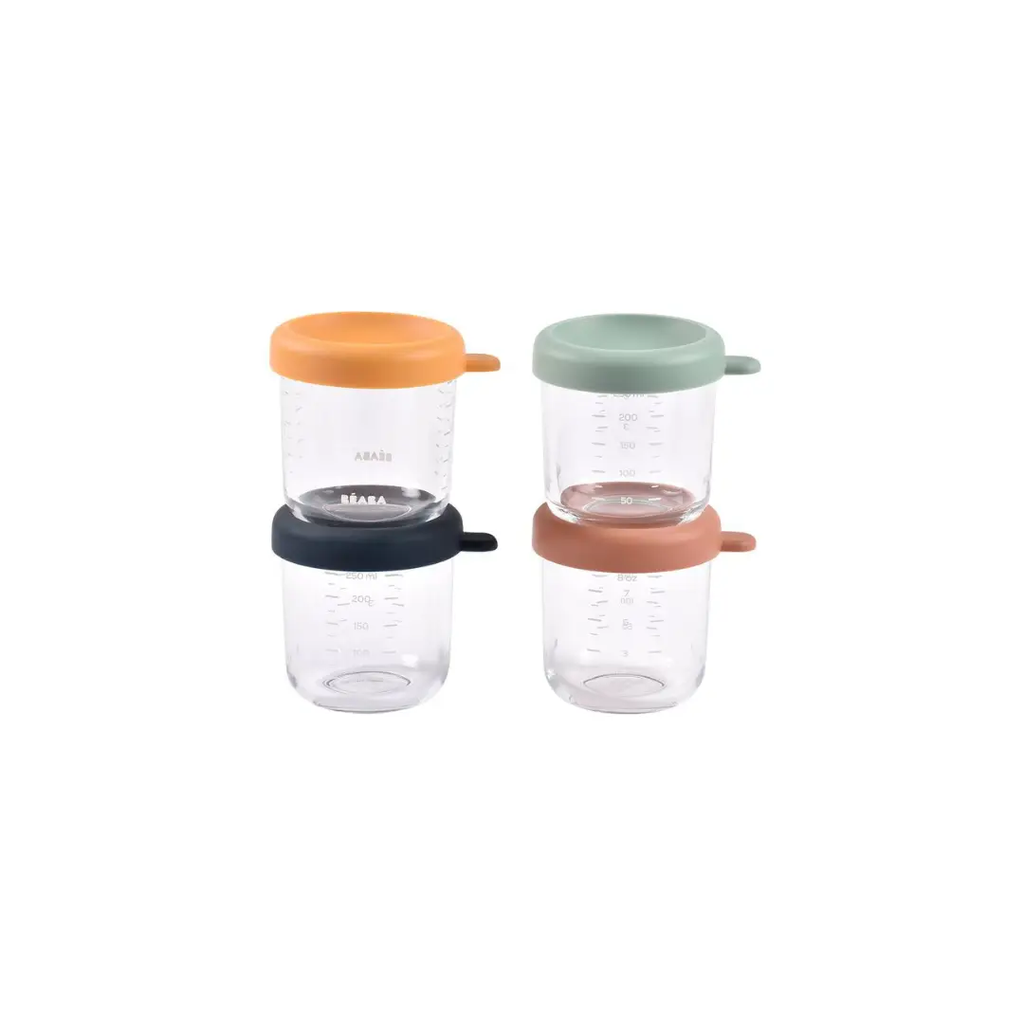 Beaba 4 x 250 ml glass portion jars with colored lids (orange, mint, navy, peach)