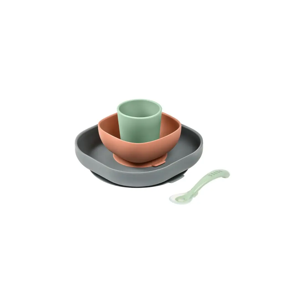 BÉABA four-piece silicone meal set in mineral terracotta with mint cup, terracotta bowl, gray plate and spoon