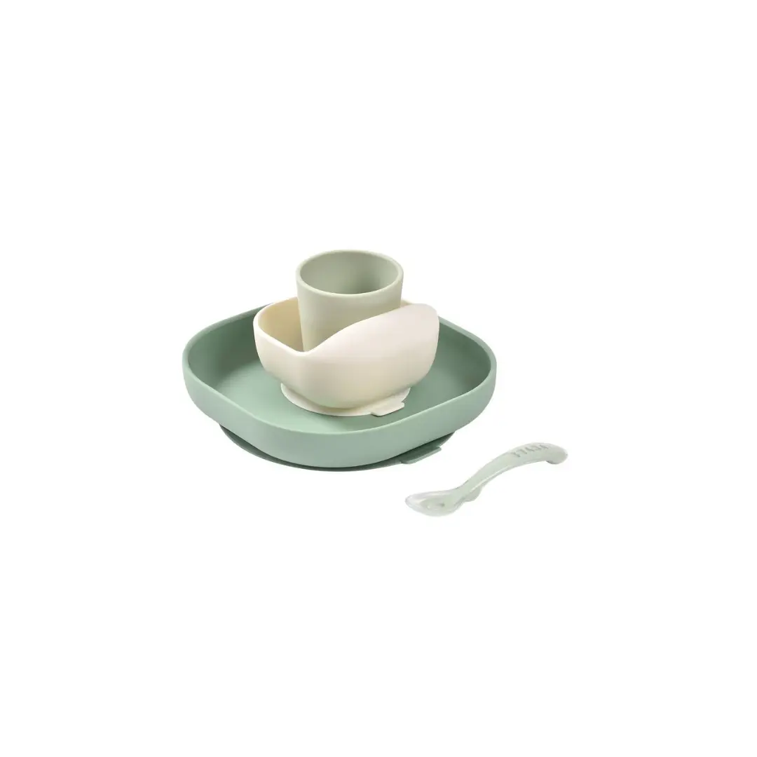 BÉABA coffret repas silicone vert sauge et vert de gris: 4 pièces, assiette, bol, gobelet et cuillère.