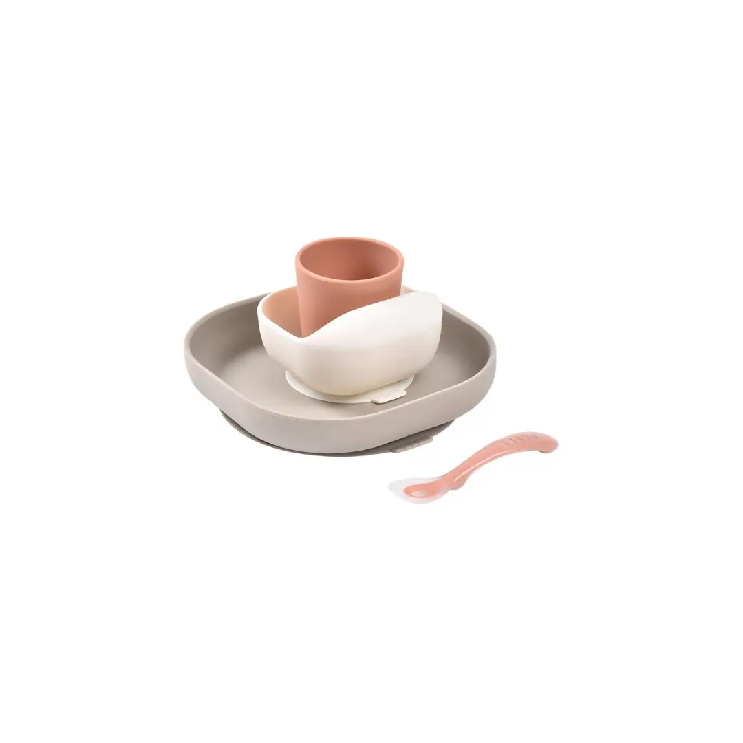 BÉABA silicone feeding set in terracotta-gazelle with nested bowls, plate and pink spoon by Citron Grenadine