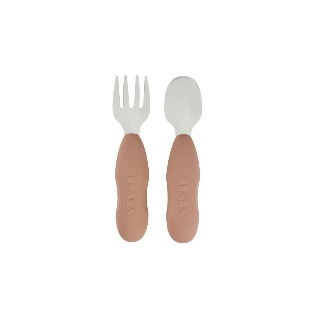BÉABA 2-piece stainless steel baby cutlery set with pink Pralin handles (fork and spoon)