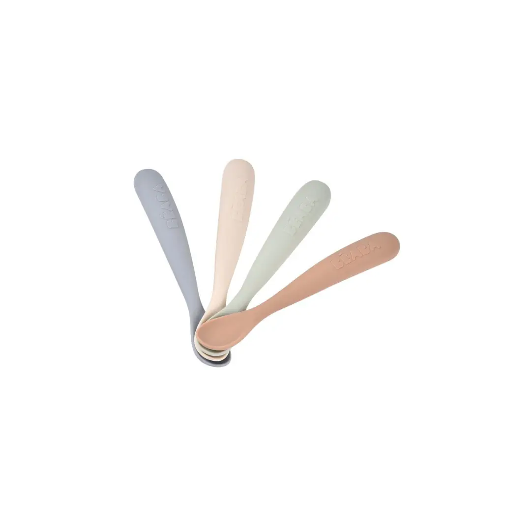Beaba 4-pack silicone feeding spoons for babies in pastel gray, beige, mint and peach