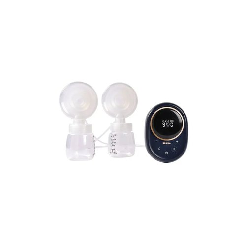 BEABA double electric breast pump with two bottles and dual flanges, dark blue control unit
