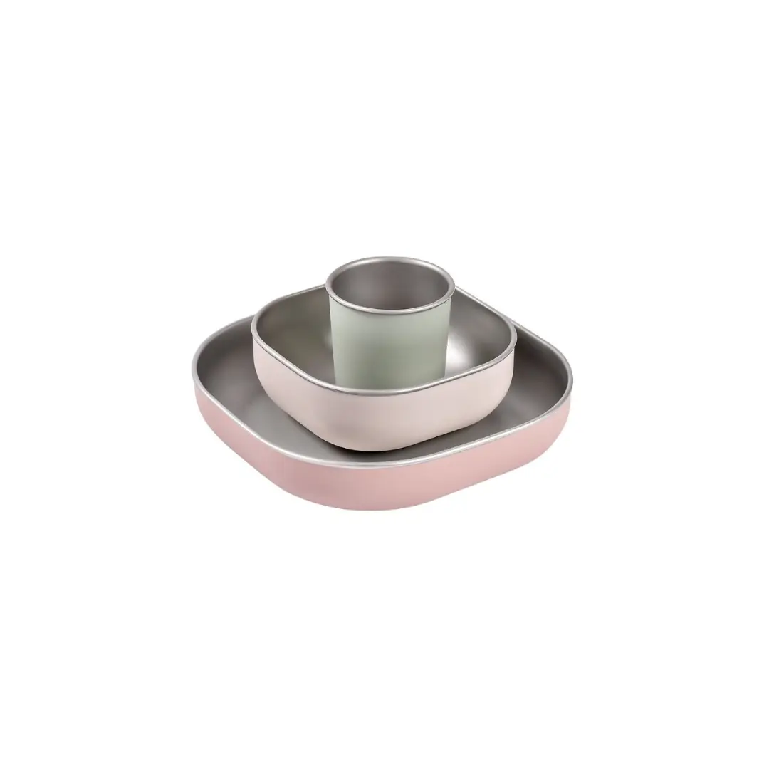 BÉABA coffret repas inox, 3-piece nesting lunch box set in pastel pink/gray/green