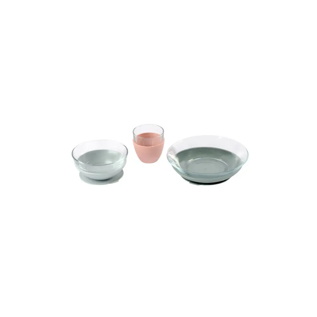BÉABA coffret repas en verre, eucalyptus et rose, ensemble de 3 pièces (2 bols et gobelet rose)