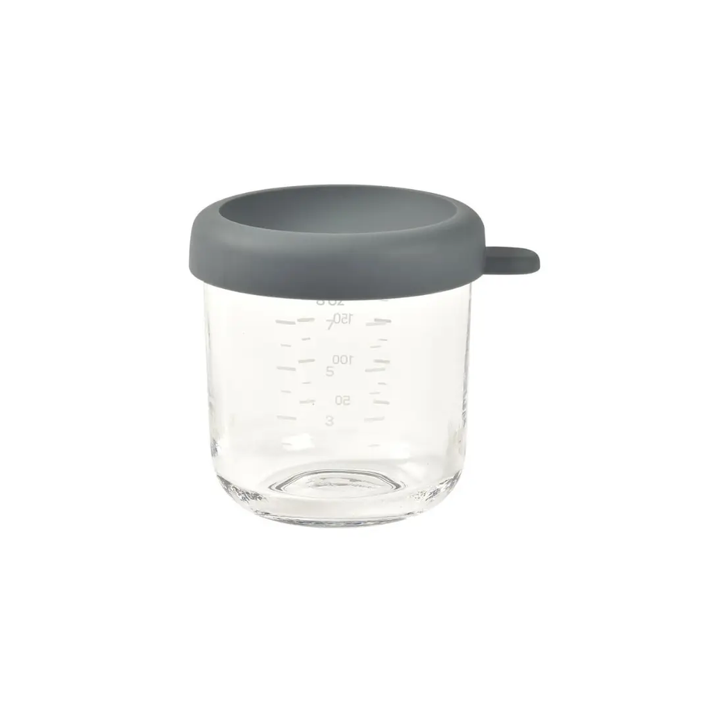 BÉABA 250 ml glass portion cup with mineral gray silicone lid, feeding essentials