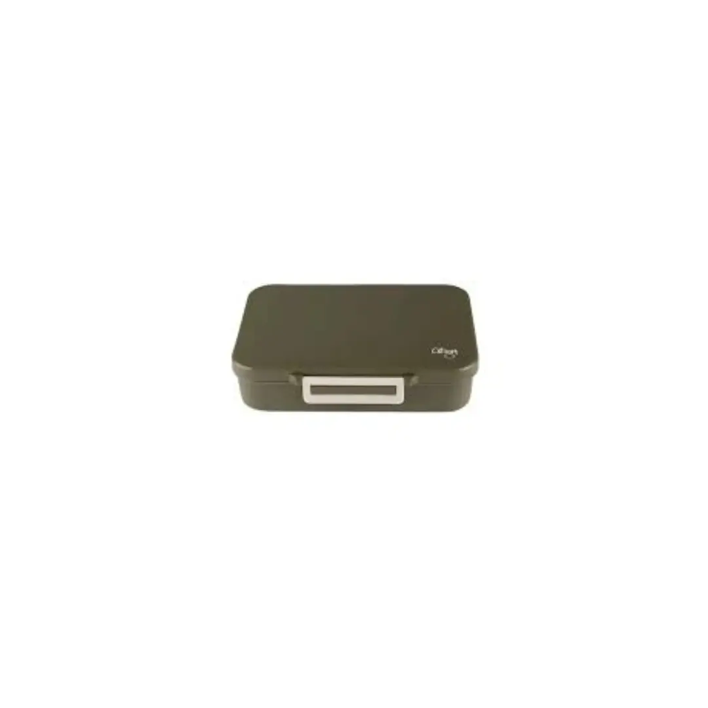 Citron Grenadine lunch box, olive-green metal case with white latch
