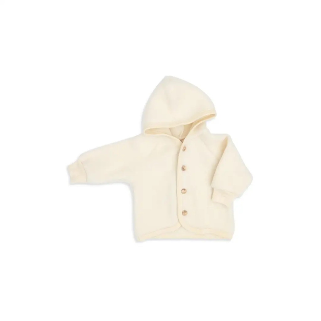Cream hooded baby cardigan with wooden front buttons and soft fleece fabric
