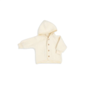 Cream hooded baby cardigan with wooden front buttons and soft fleece fabric