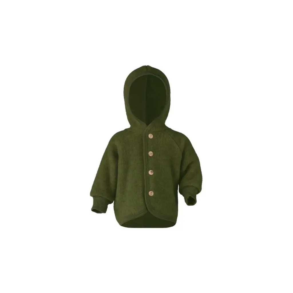 Engel Natur veste vert chiné, olive-green hooded windbreaker with wooden buttons