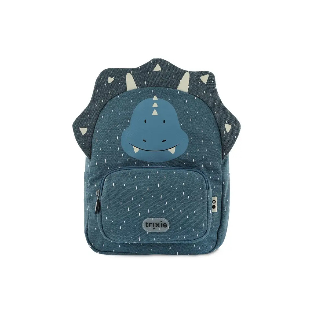 TRIXIE sac-à-dos Mr Triceratops backpack in blue with dinosaur face, speckled pattern and front logo