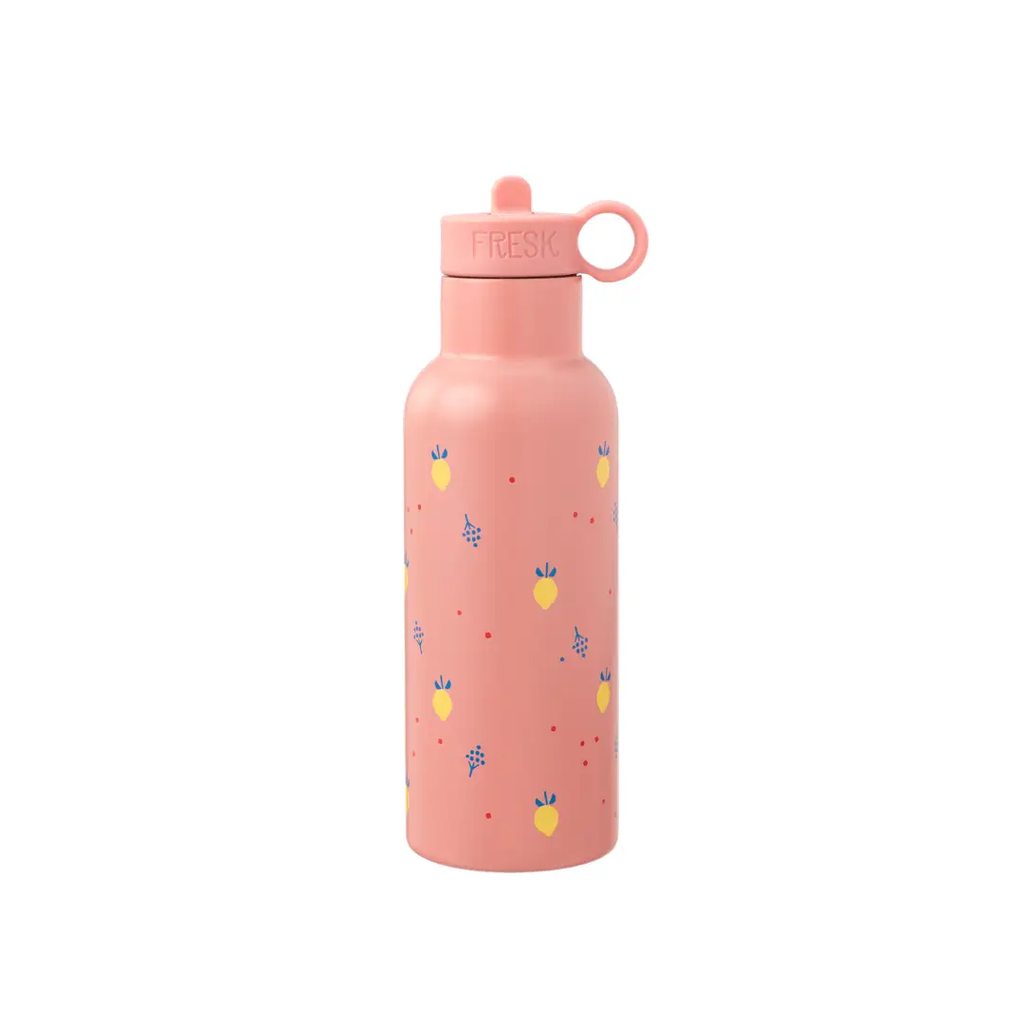 FRESK gourde 500 ml water bottle, pink with yellow fruit pattern and blue accents