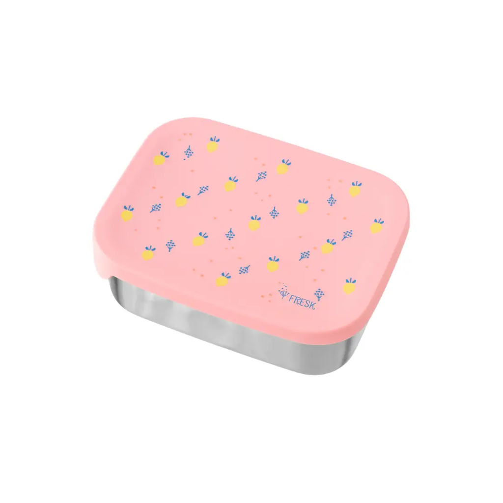 FRESK lunchbox pink lid with yellow fruit pattern, stainless steel base
