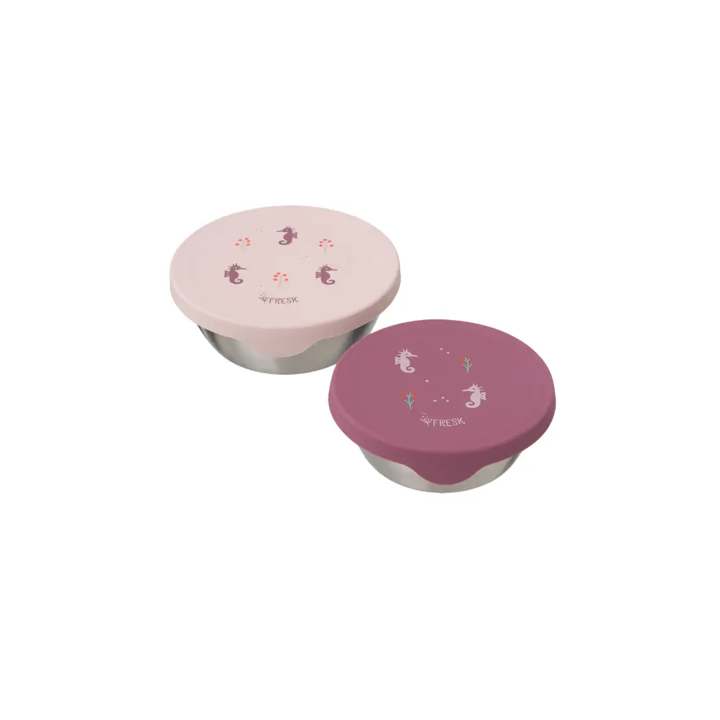 FRESK inox lunch containers with seahorse pattern, pink and purple lids