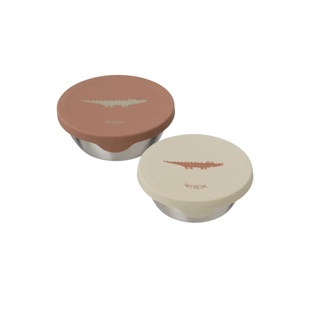 FRESK stainless steel food storage containers, set of 2 with crocodile lid motif in terracotta and cream.