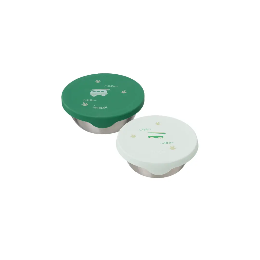 FRESK inox lunch containers duo with green and mint lids featuring surf boy motif