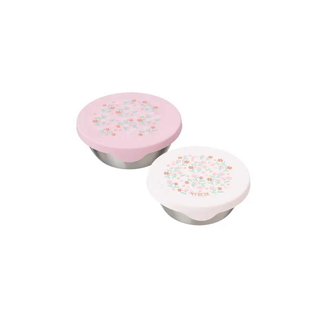 FRESK inox food storage containers with garden flowers lids; set of two in pink and white, Citron Grenadine.