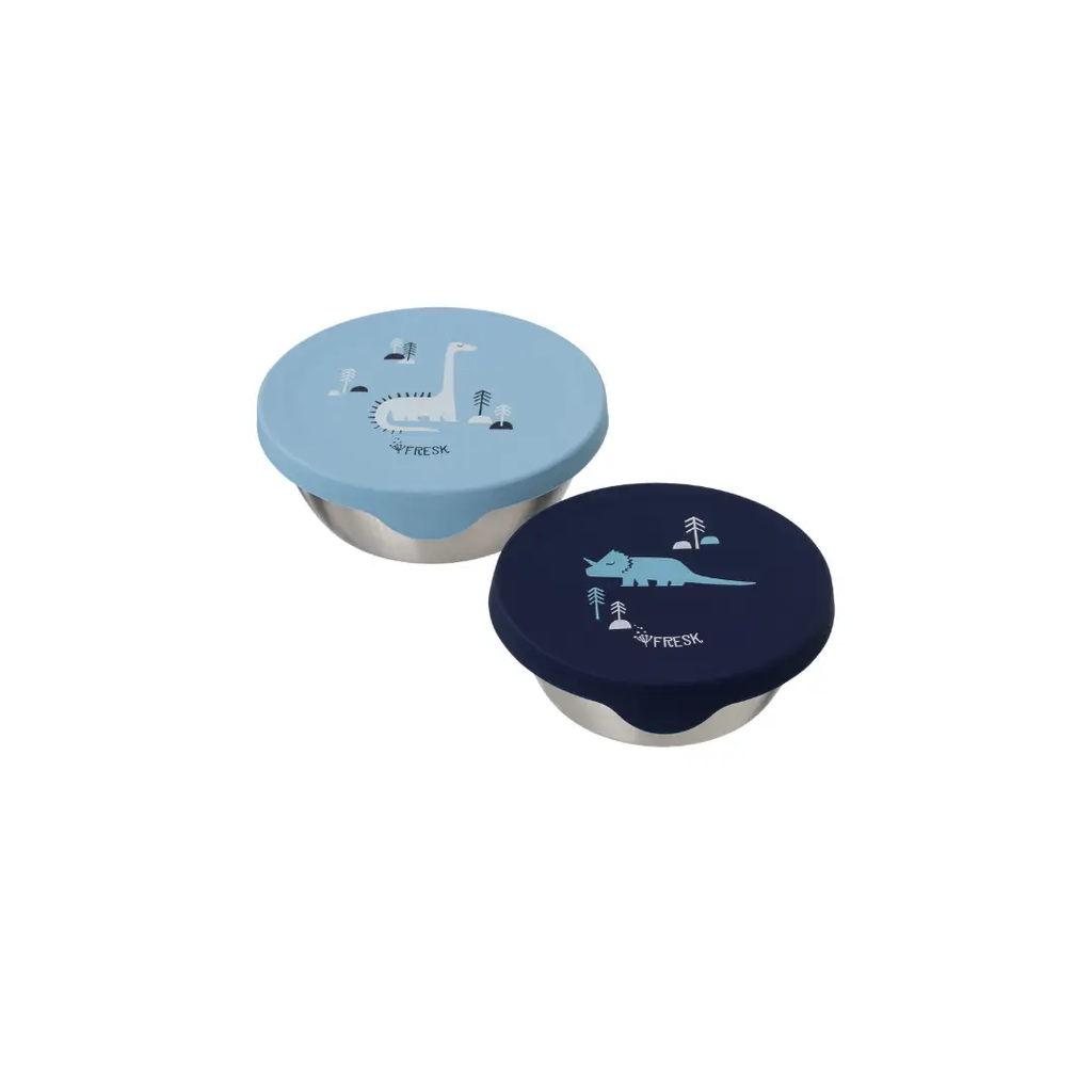 FRESK stainless steel food storage containers with dino lids, blue and navy, 2-piece set