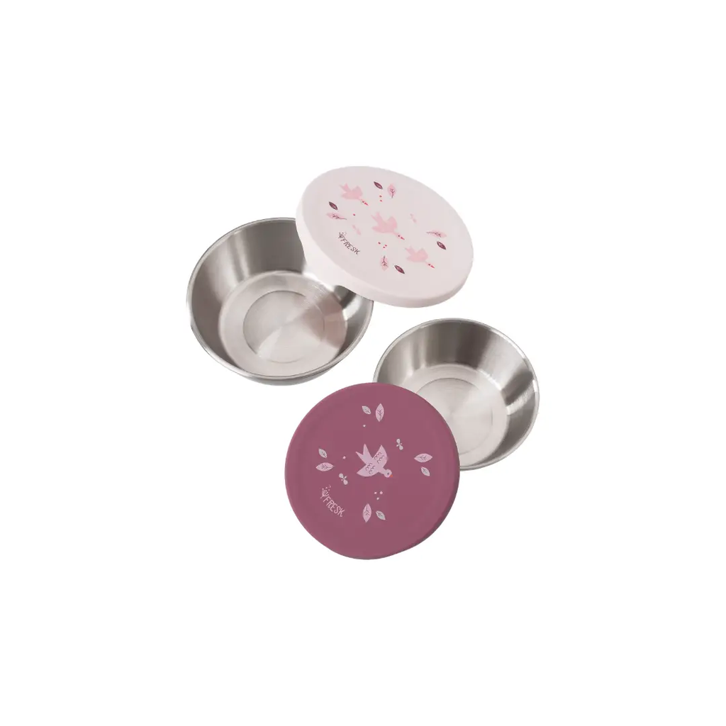 2 FRESK inox food storage containers with pink and purple swallow lids, Citron Grenadine