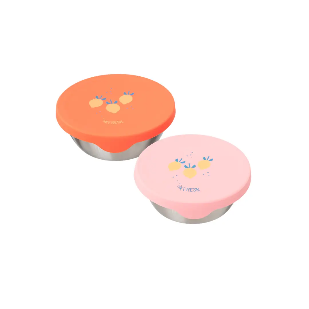 Two FRESK inox food storage containers with orange and pink silicone lids summer fruit design by Citron Grenadine