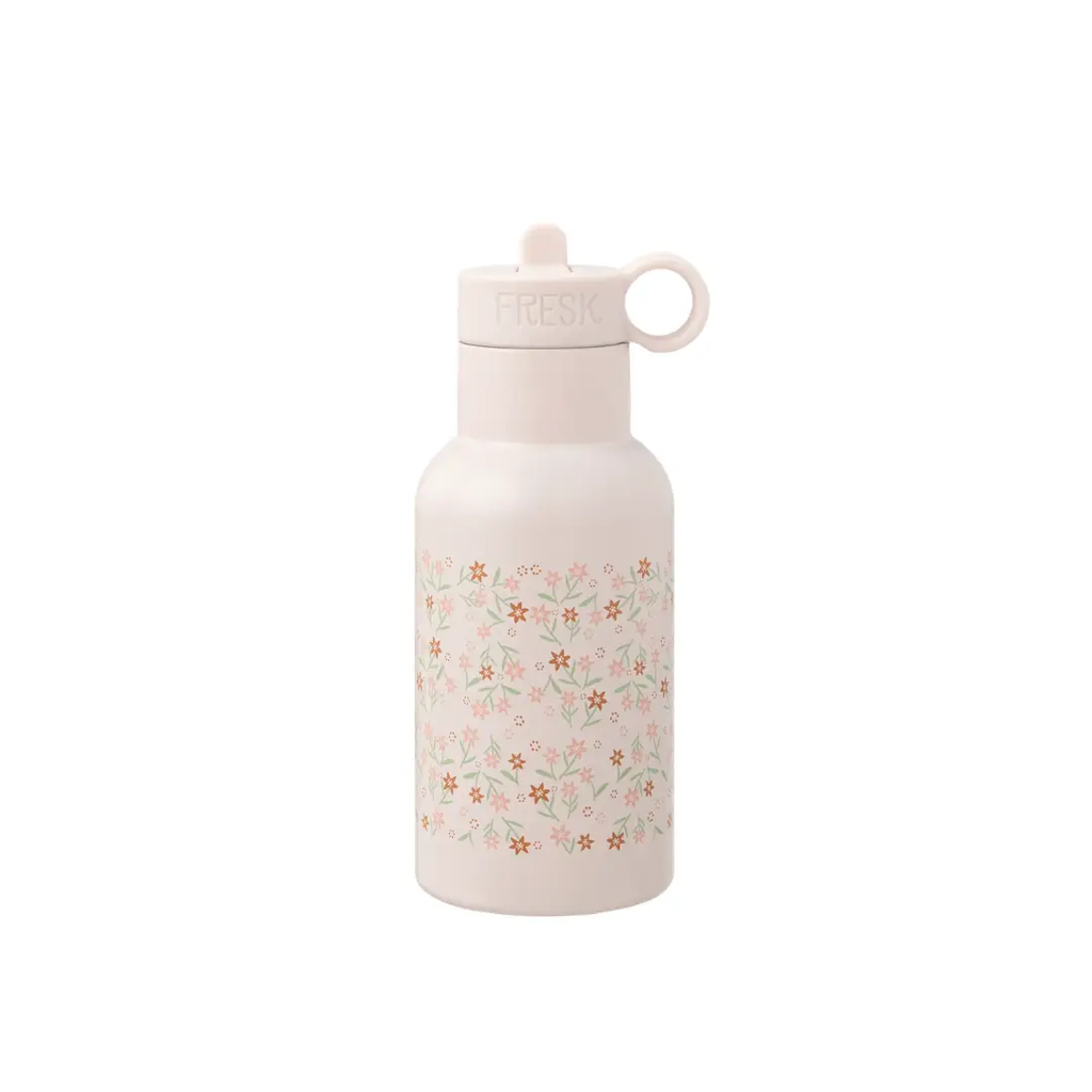 FRESK water bottle 350 ml with pale pink garden flowers design and loop lid