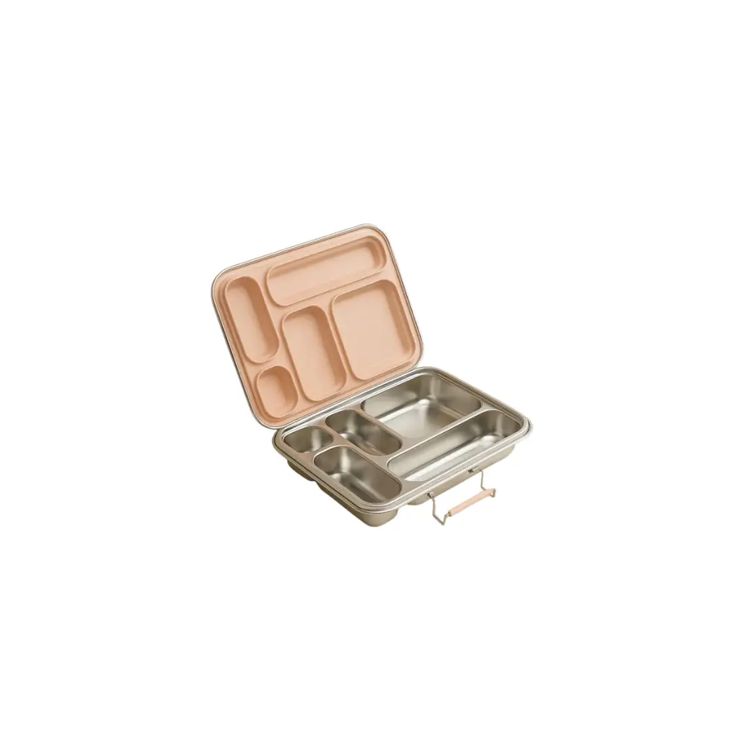 HAPS Nordic lunch box with 5 compartments in blush pink and stainless steel, lid open.