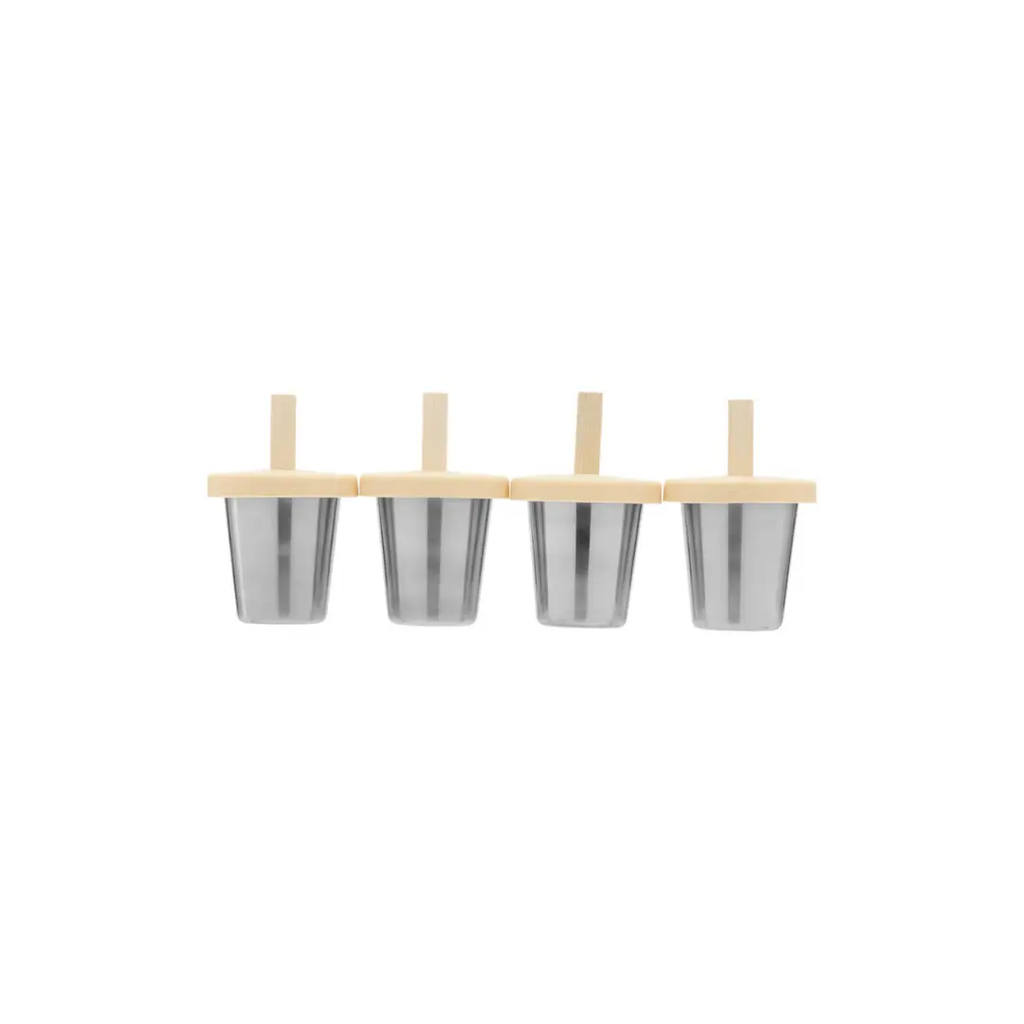 HAPS Nordic mini ice lolly makers by Citron Grenadine; set of 4 stainless steel molds with beige lids and wooden sticks