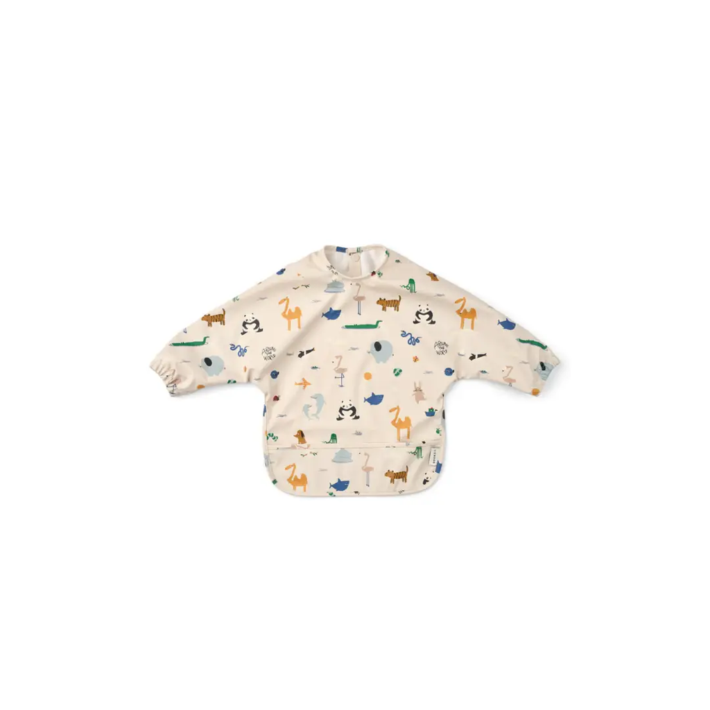 LIEWOOD bavoir MERLE around the world sandy beige long-sleeve bib with playful animal print for babies