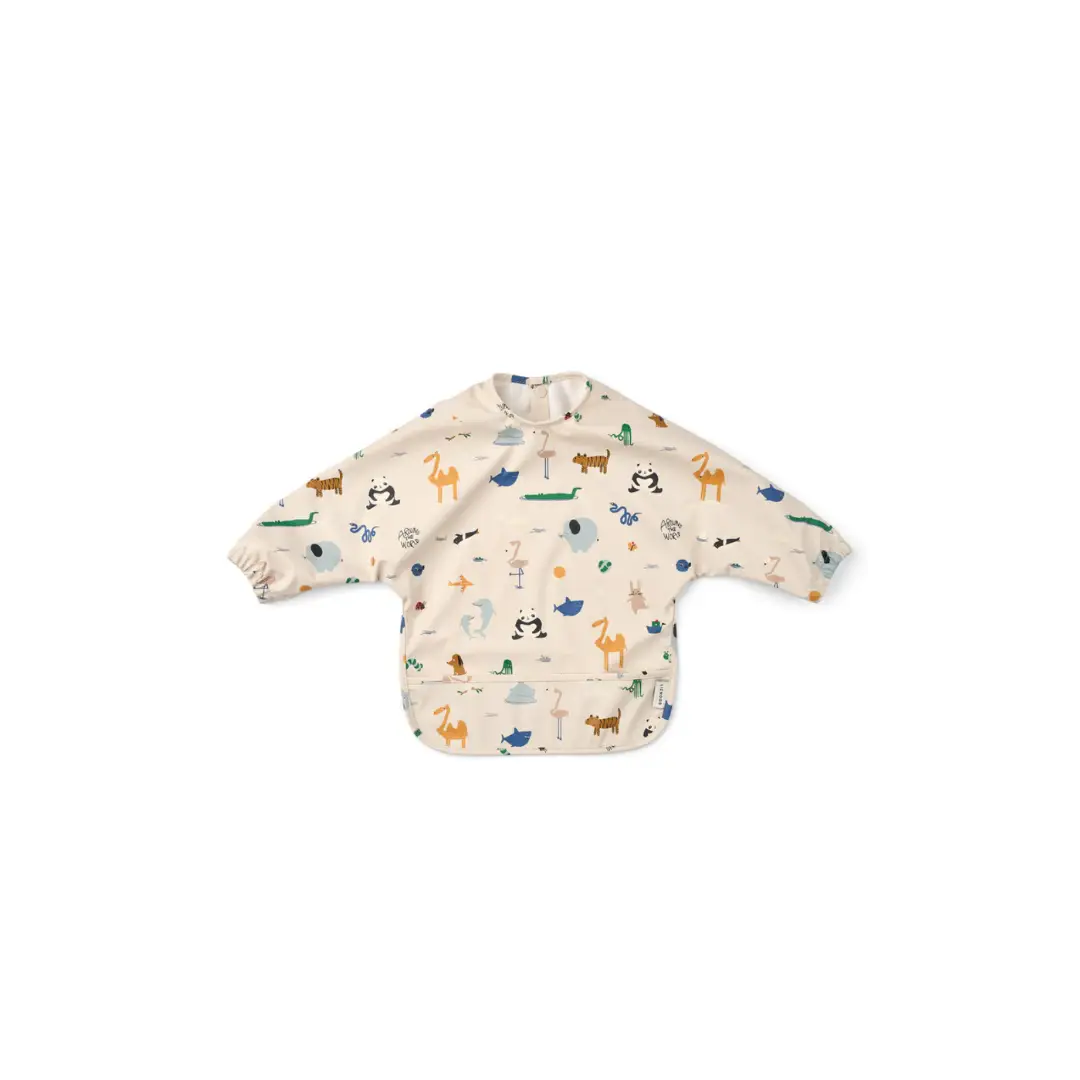 LIEWOOD bavoir MERLE around the world sandy beige long-sleeve bib with playful animal print for babies