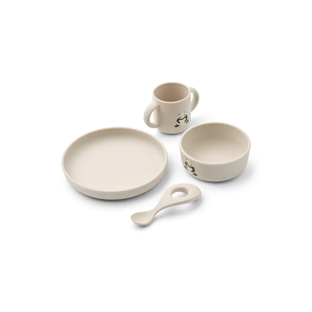 LIEWOOD VIVI panda sandy feeding set, 5-piece ceramic dishware (plate, bowls, mug) and spoon