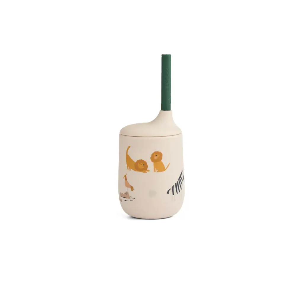 LIEWOOD Ellis sippy cup with sandy beige body and animal prints, green straw