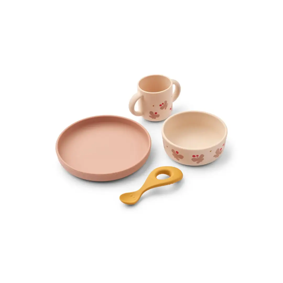 LIEWOOD Vivi butterfly apple blossom baby feeding set with peach-pink plate, bowl, handled cup and spoon