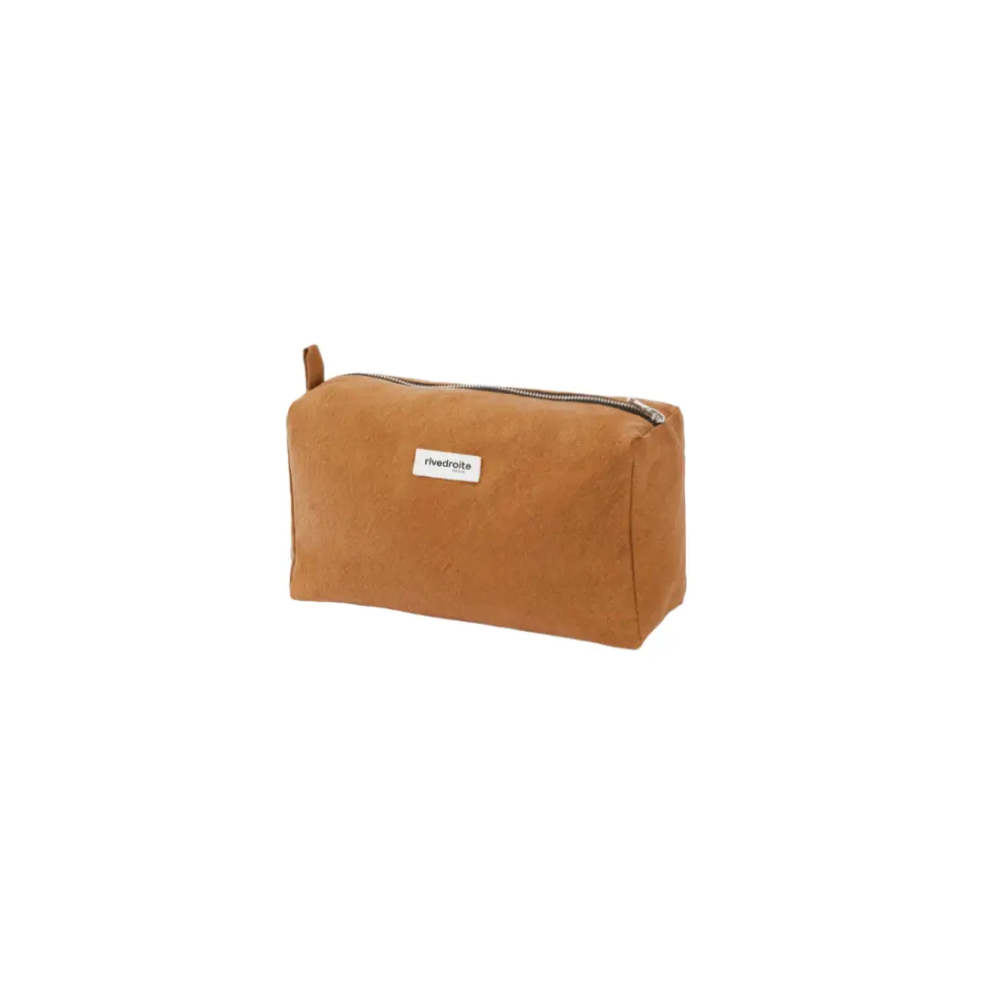 Rive Droite Alma maternity toiletry bag in tobacco brown with a white label.