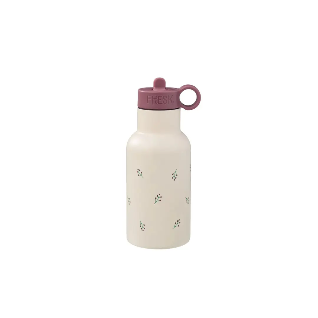FRESK gourde water bottle, 350 ml, beige bottle with pink lid and small berry print