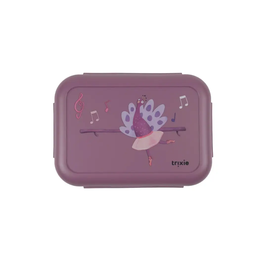 Trixie lunch box with clips, purple case featuring ballerina peacock design
