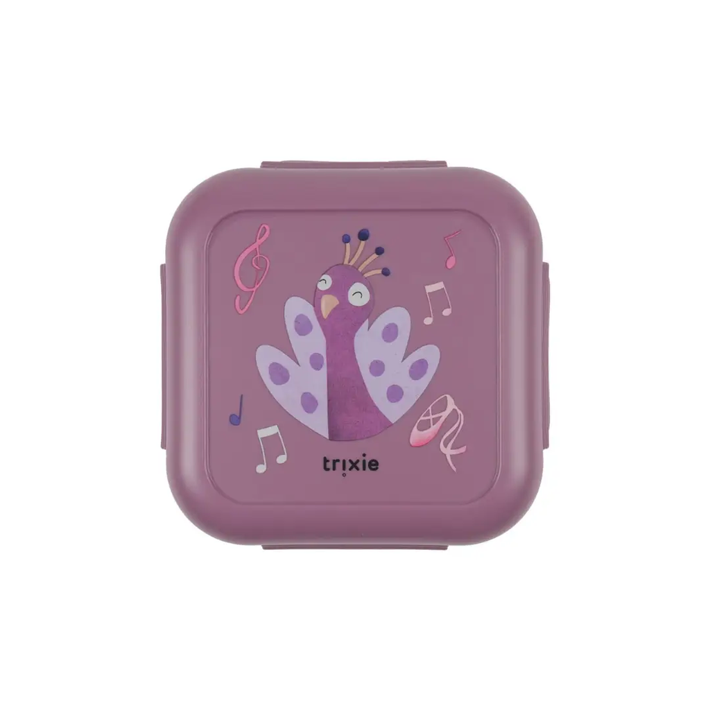 Boîte à goûter TRIXIE clip lavande, motif Ballerina Mrs Peacock avec notes de musique; logo TRIXIE visible.