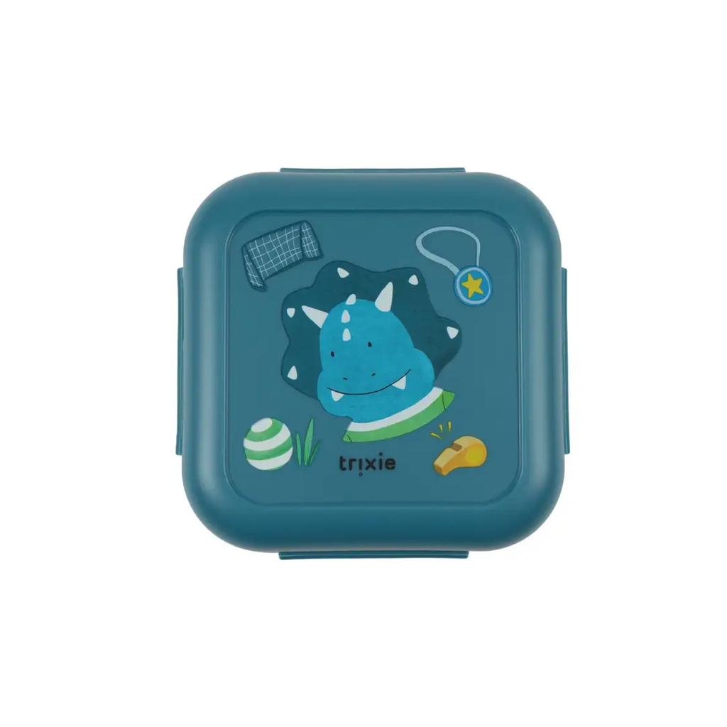 TRIXIE lunch box with clips featuring Ballplayer Mr Triceratops in teal blue with dinosaur graphic