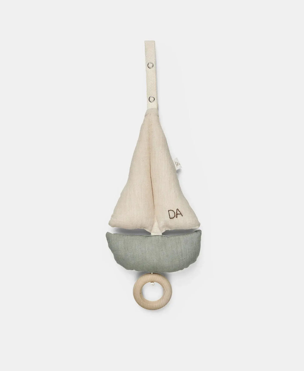 DEAR APRIL pondus mobile musical bateau by Citron Grenadine, beige sail and grey-green base with wooden ring